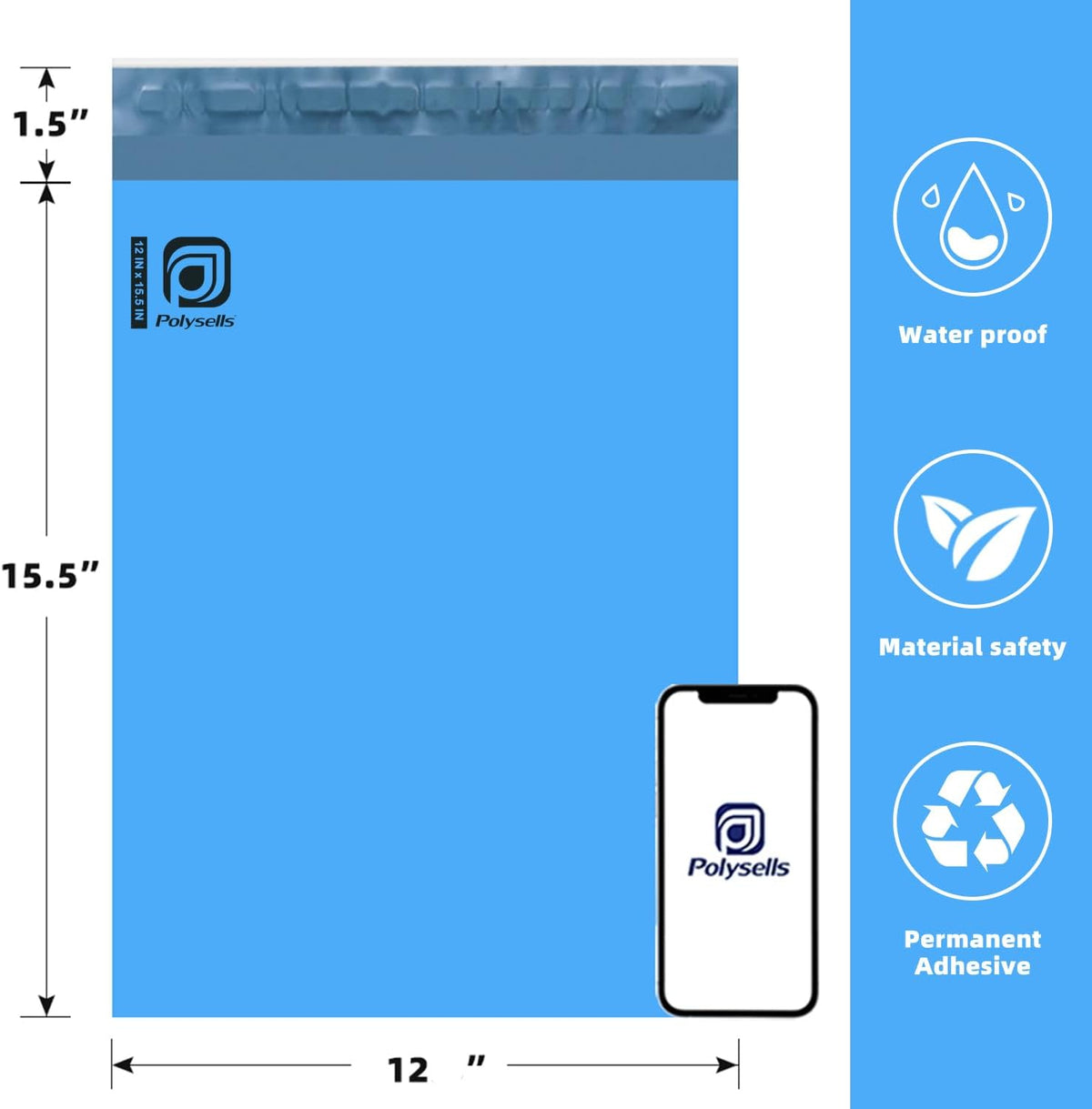 500 pcs 12x15.5 Inches Blue Poly Mailers Shipping Envelopes, Strong Adhesive Sealing, Waterproof, and Tear-resistant