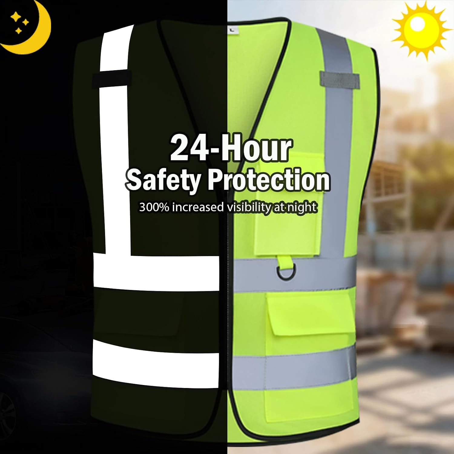 Class 2 High Visibility Safety Vests with Pockets, Hi Vis Vest for Construction Workers (Yellow L)