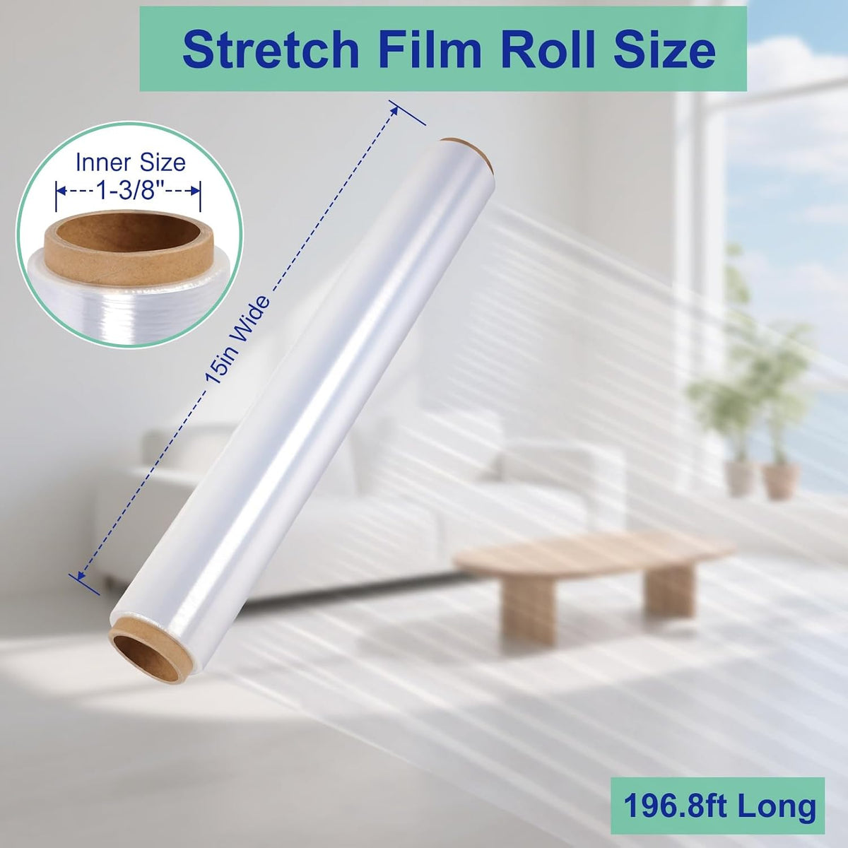 Stretch Film Roll,15IN Wide 196.8FT Long-60 Gauge Shrink Wrap Film,Self-Adhering Plastic Wrap Roll for Pallet Wrap