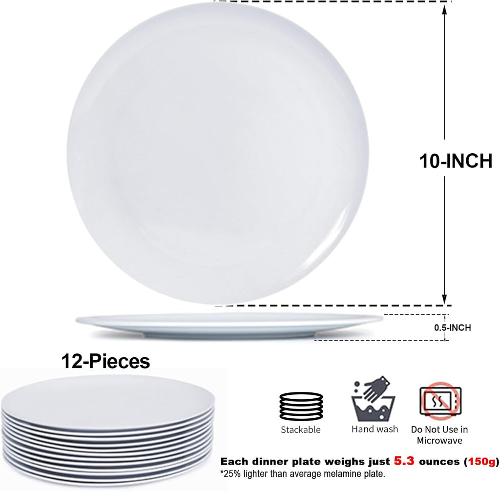 White Melamine Dinner Plates，12pcs Dishes Set，10“ Lightweight Round Plates
