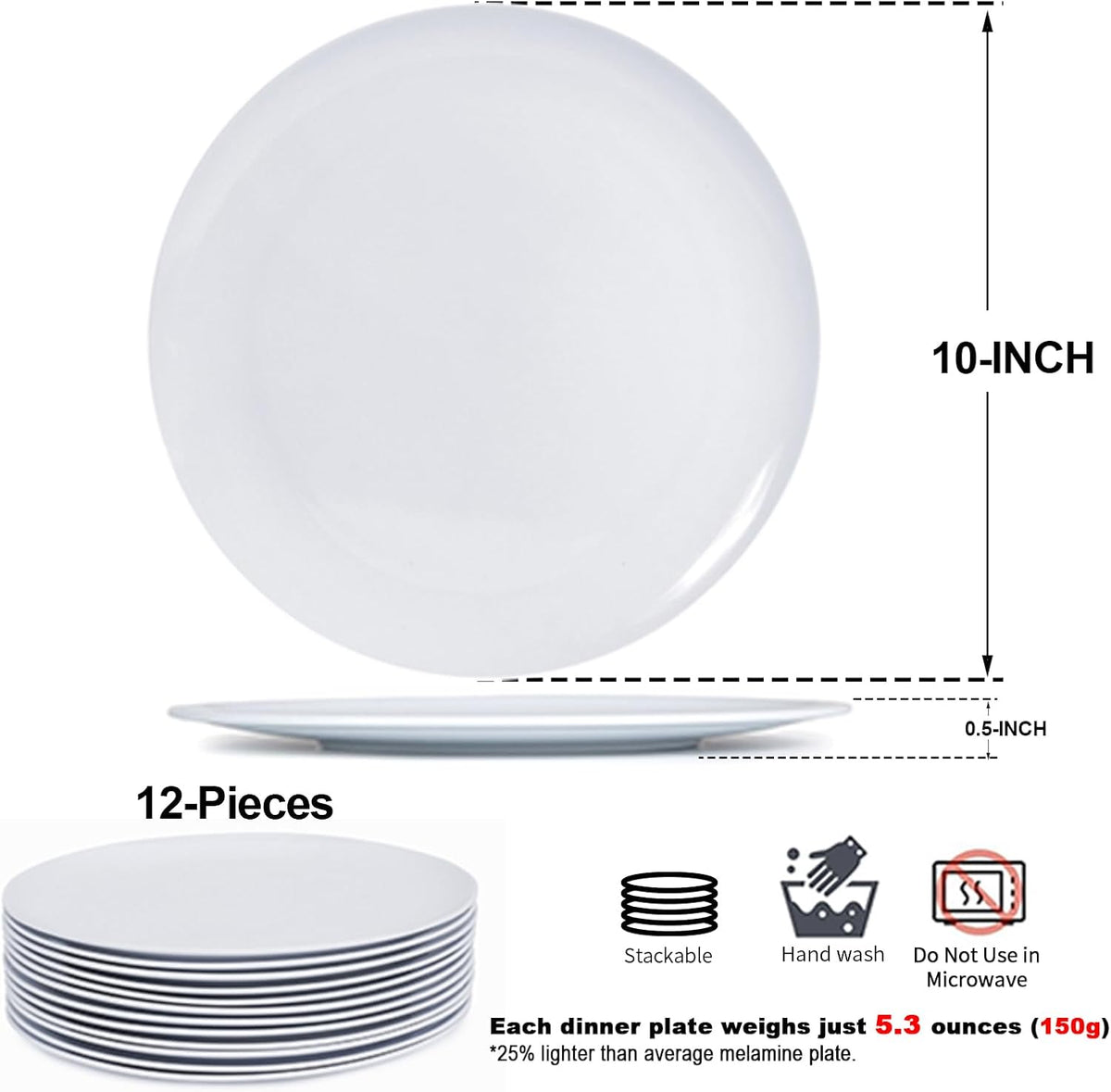 White Melamine Dinner Plates，12pcs Dishes Set，10“ Lightweight Round Plates