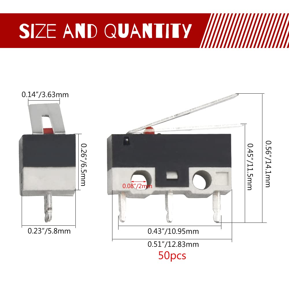 WMYCONGCONG 50 PCS Micro Switch AC 1A 125V 3 Pin SPDT Limit Micro Switch Long Hinge Lever