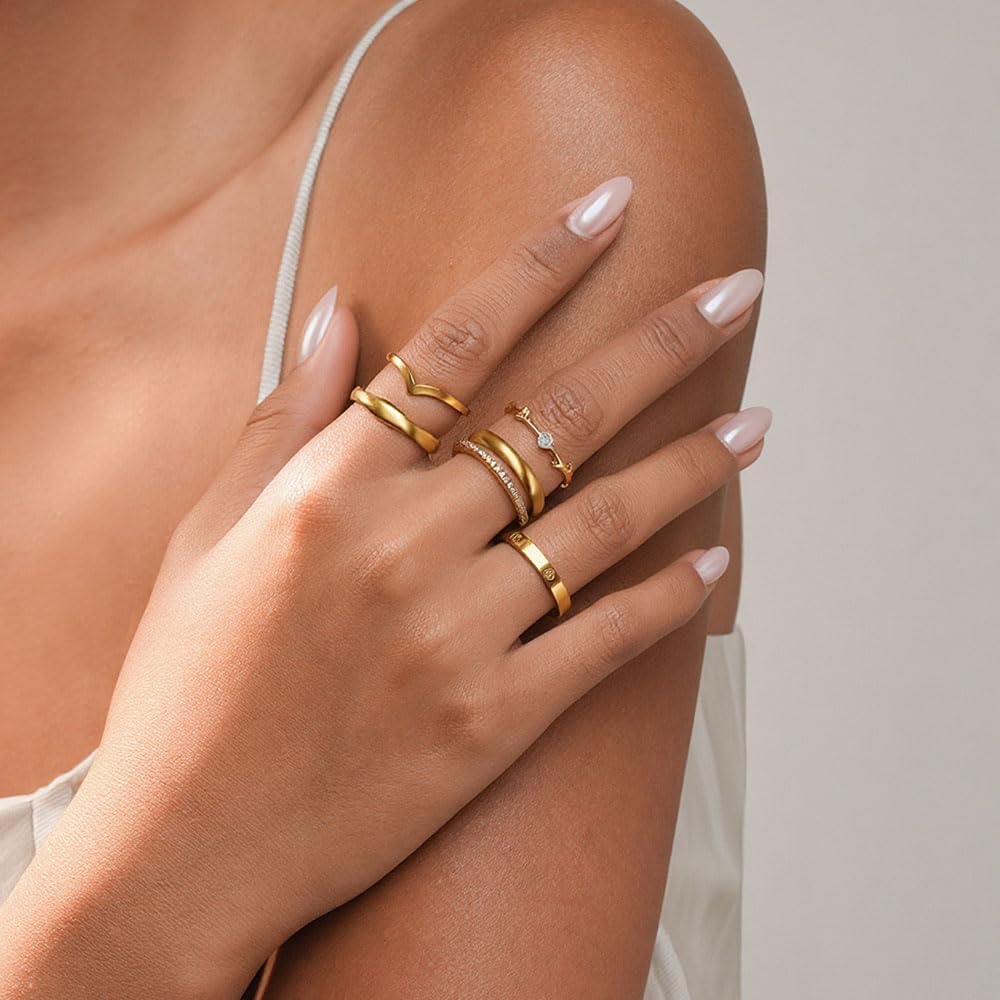 14K Gold Plated Stackable Rings for Women, Non Tarnish Cubic Zirconia Dainty Band Set, Wedding Engagement & Promise