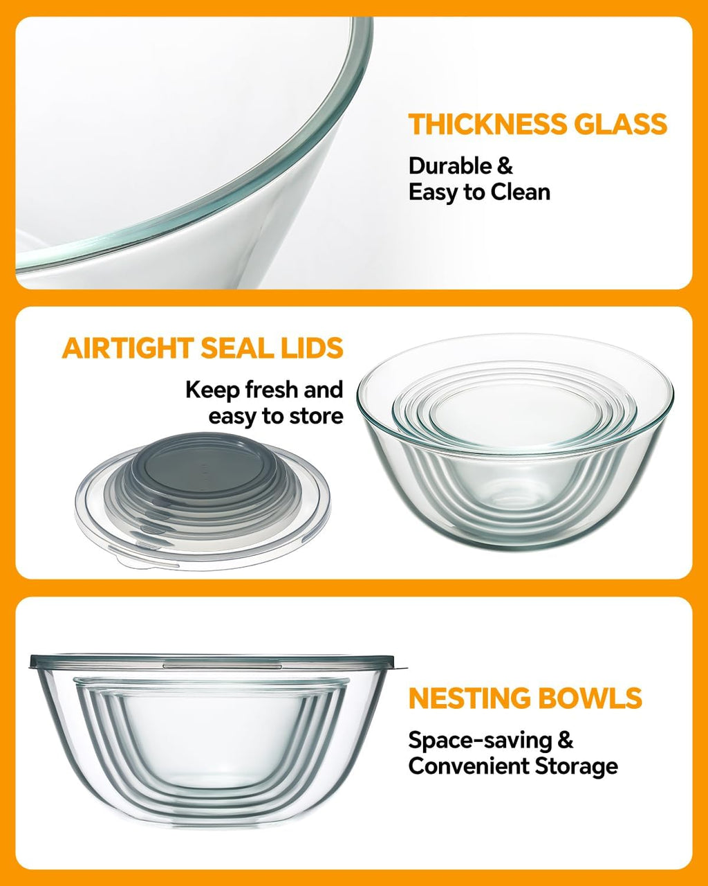 Glass Mixing Bowls with Lids Set of 5(4.78QT,2.2QT,1.7QT,1.1QT,0.85QT),Thick Glass Nesting Bowls for Kitchen