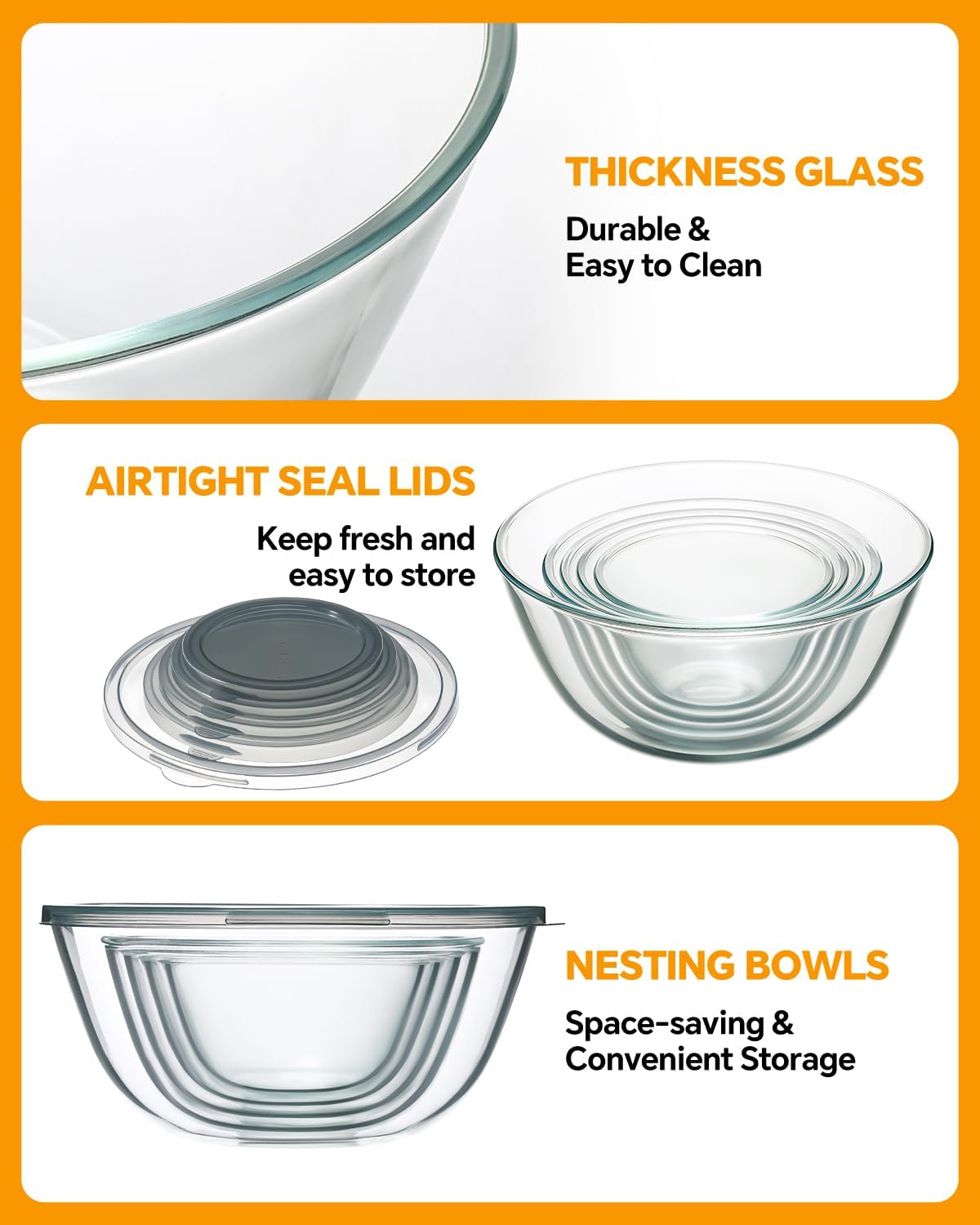 Glass Mixing Bowls with Lids Set of 5(4.78QT,2.2QT,1.7QT,1.1QT,0.85QT),Thick Glass Nesting Bowls for Kitchen