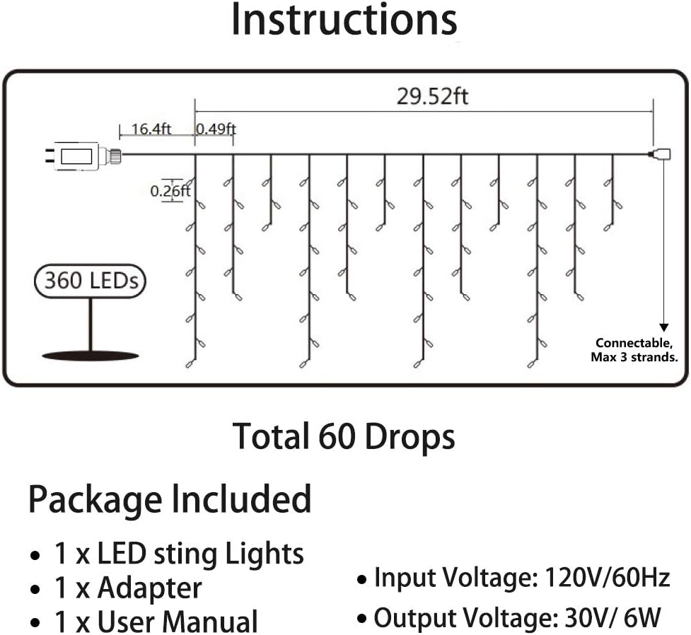 Christmas Icicle Lights Outdoor, 360 LED 29.5ft 8 Modes Fairy Icicle String Light with 60 Drops, Led Christmas Lights