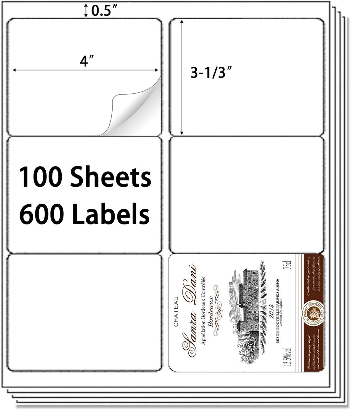6 up 3-1/3“ x 4” Sticker Labels Shipping Address Labels for Laser & Inkjet Printers, 100 Sheets, Total 600 Labels