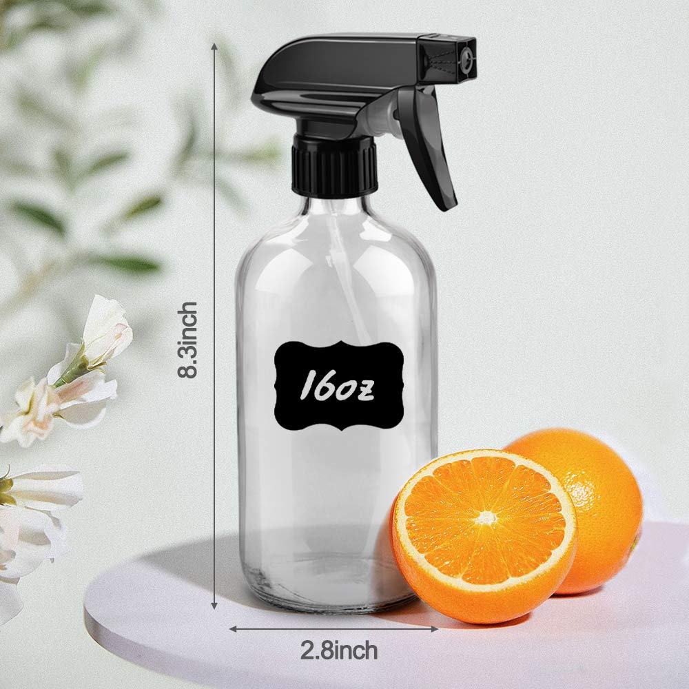 Glass Spray Bottles, 16oz Refillable Containers, Empty Boston Round Bottles with Labels & Adjustable Nozzle for