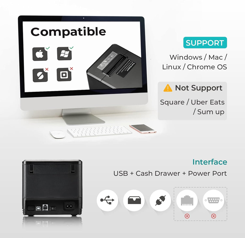80mm USB Thermal Receipt Printer P098, POS Printer with Auto Cutter | ESC POS command support for Windows and Mac