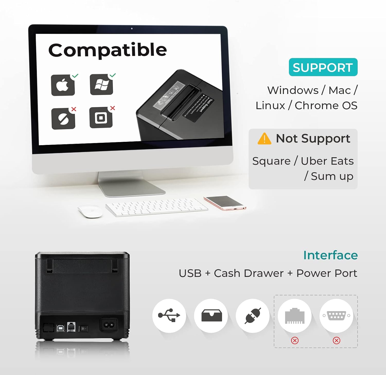 80mm USB Thermal Receipt Printer P098, POS Printer with Auto Cutter | ESC POS command support for Windows and Mac