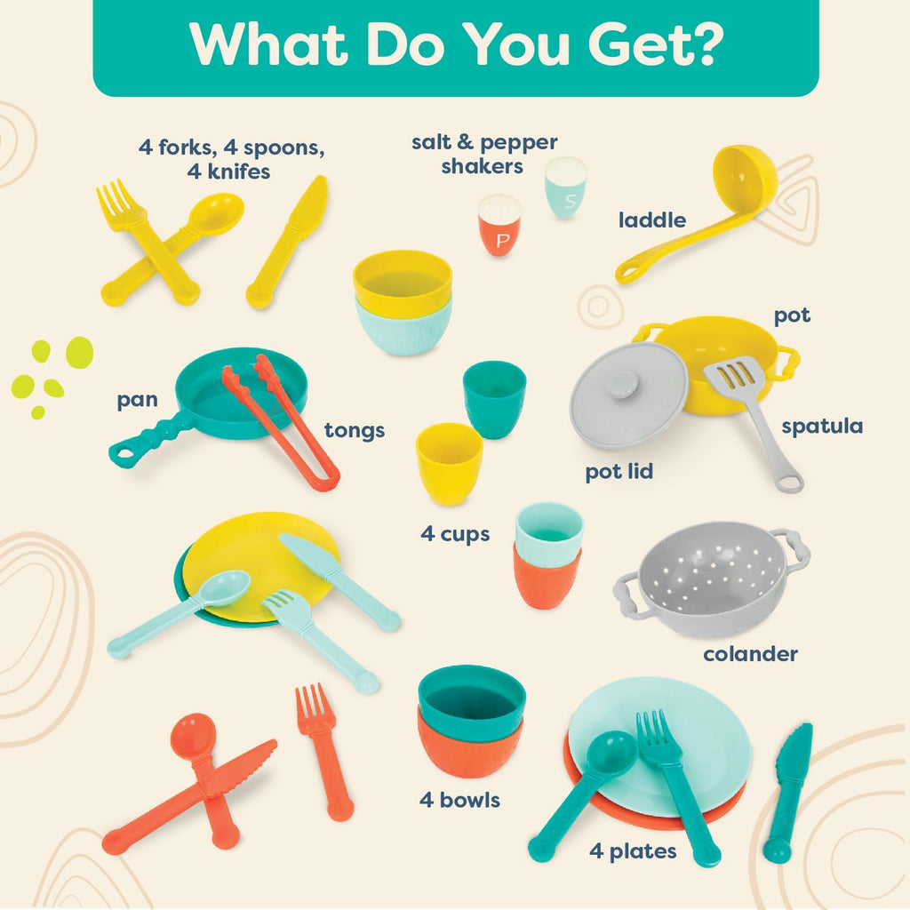 – Play Kitchen Accessories – Cookware, Dishes, Utensils – 33 Pieces Play Set for Kids – Pretend Play Toys – 3+ Years–