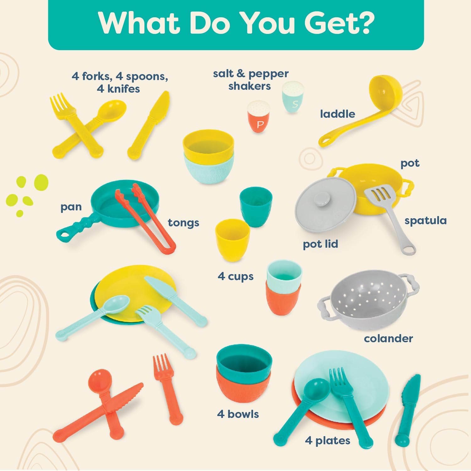 – Play Kitchen Accessories – Cookware, Dishes, Utensils – 33 Pieces Play Set for Kids – Pretend Play Toys – 3+ Years–