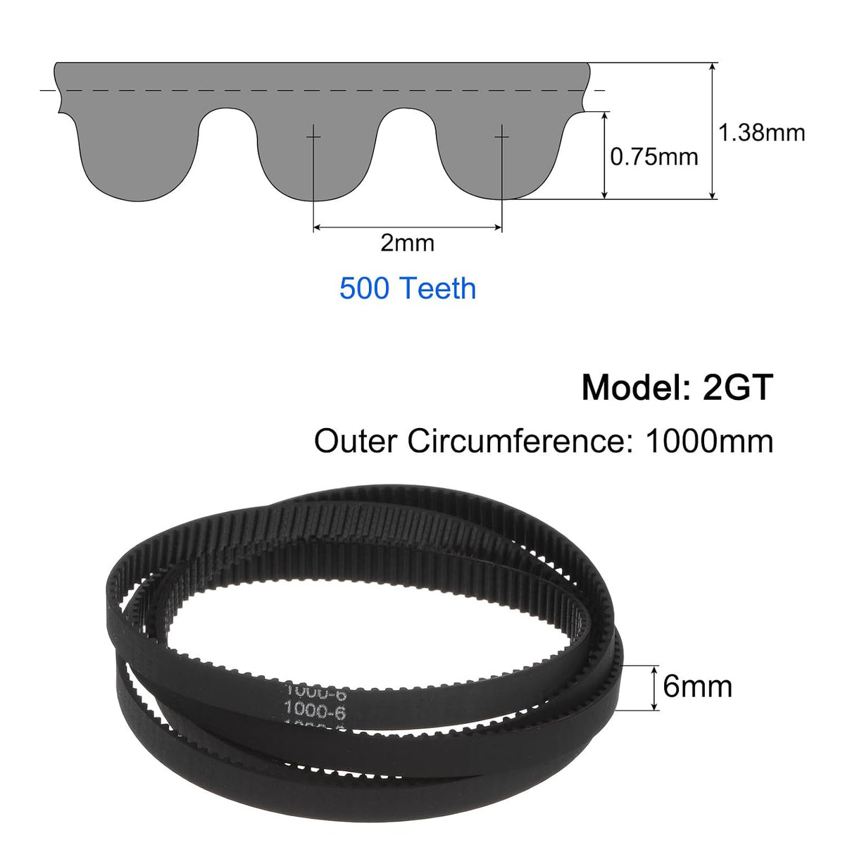 uxcell 2pcs 2GT Timing Belt Closed Loop Rubber Belts 1000-2GT-6, 6mm Width x 1000mm Length, 3D Printer Timing Belt