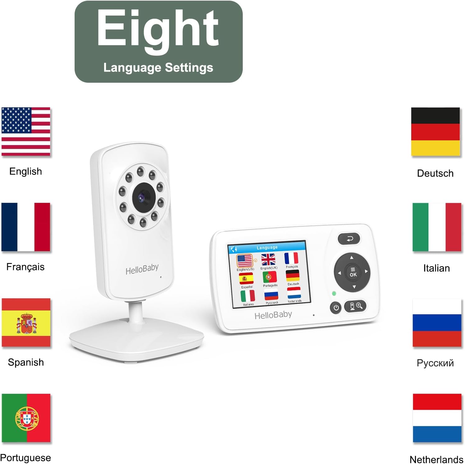 HB30 Video Baby Monitor with Digital Camera and Audio, No WiFi No App Safety Baby Monitor, 8 Languages, Auto Night
