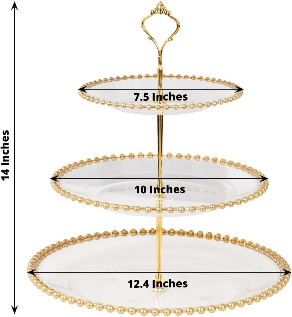 3-Tier Clear 14" Round Plastic Cupcake Tower Stand Gold Beaded Rim | Display Riser for Birthday Wedding Party Events