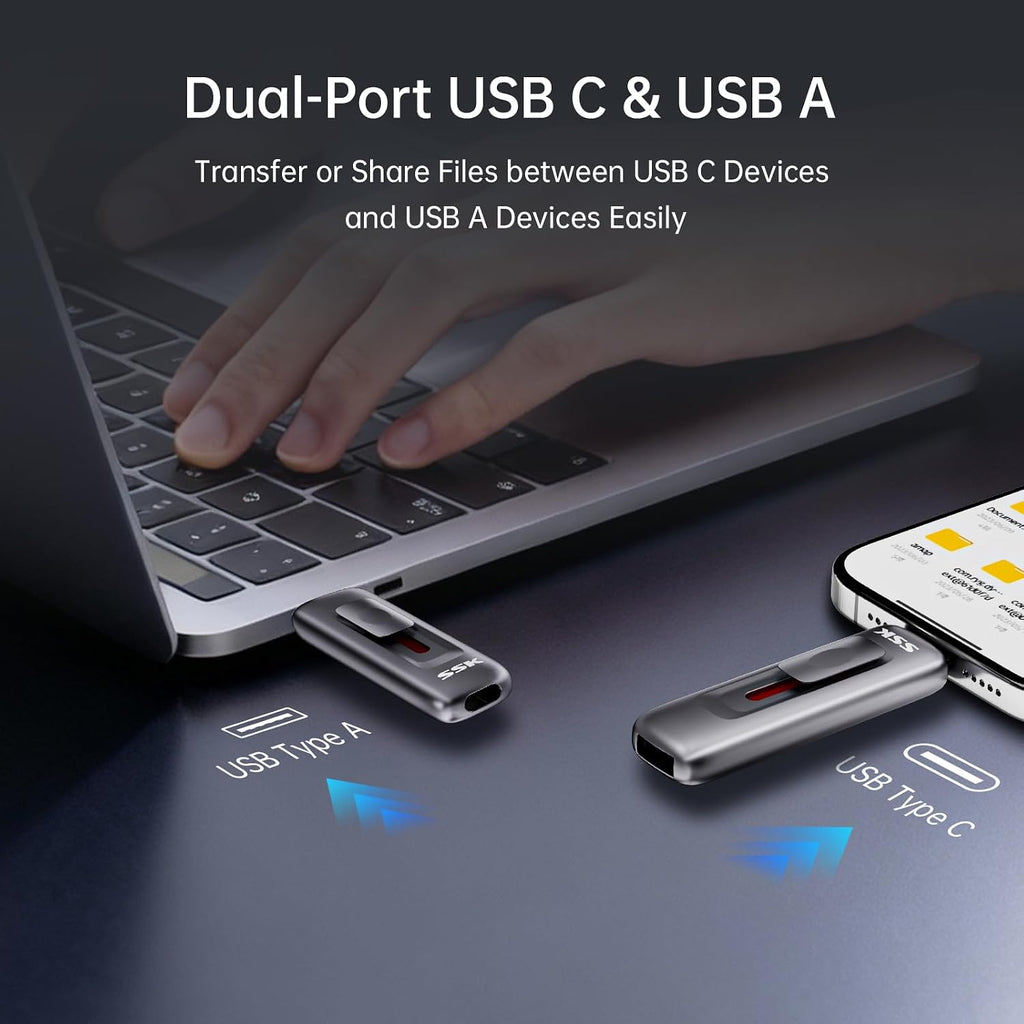 USB Drive 128GB up to 550MB/s External SSD USB C+A 3.2 Thumb Drive | SMART & TRIM,Dual Ports,Metal,Push-pull