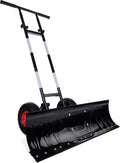 36in Galvanized Blade Heavy-Duty 2-Wheel Snow Pusher Hand Plow for Snow Removal w/Wheels, Adjustable Handle, Blade