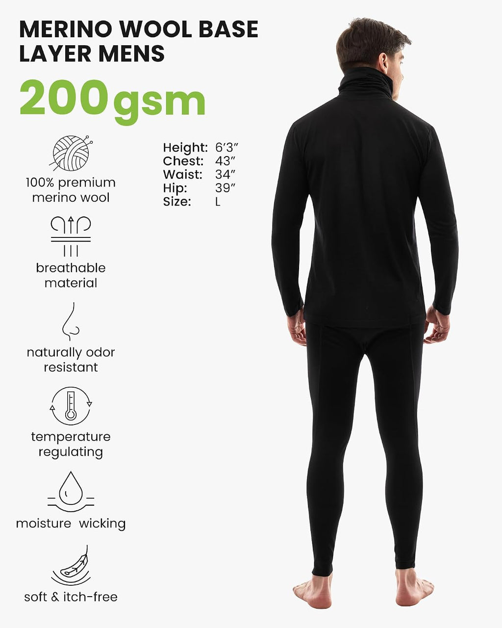 100% Merino Wool Base Layer Mens - Thermal Underwear Set with Neck Gaiter | Midweight, Breathable Merino Wool Shirts