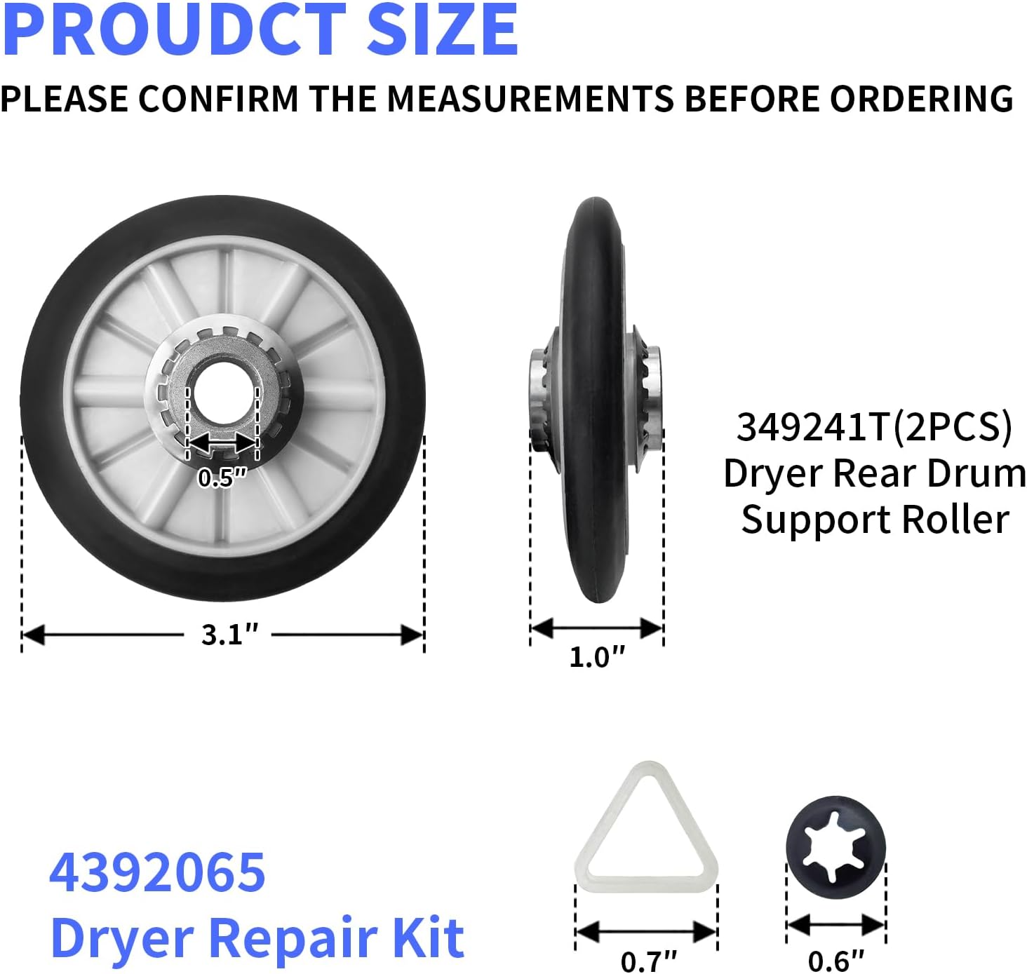 4392065 Dryer Repair Kit with 349241T Drum Roller Kit, 691366 Idler Pulley 341241 Belt Compatible with Whirlpool