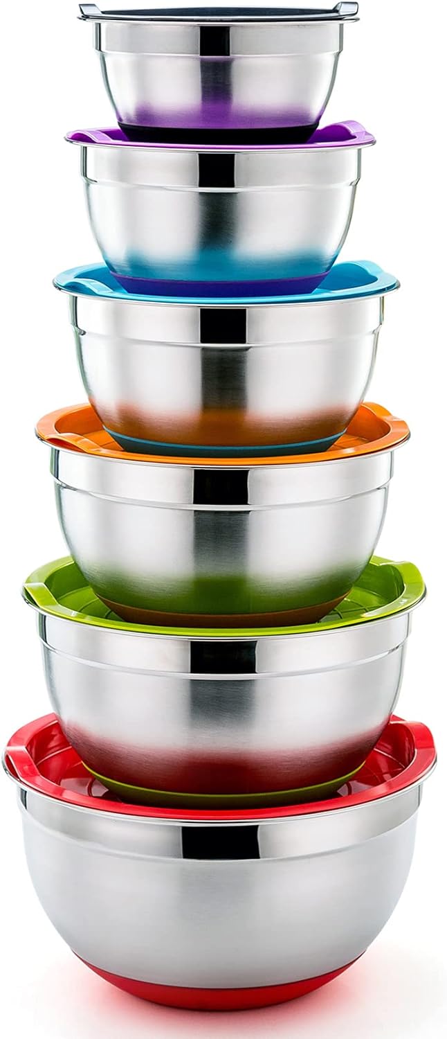 Mixing Bowls With Lids, Set of 6, Stainless Steel Nesting Mixing Bowls & Fitting Lids & Non-Slip Silicone Bottom