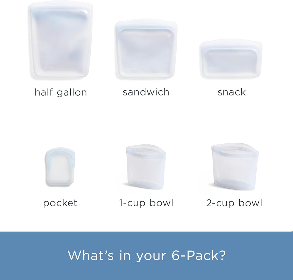 Premium Reusable Silicone Food Storage Bags, 6-Pack, Clear
