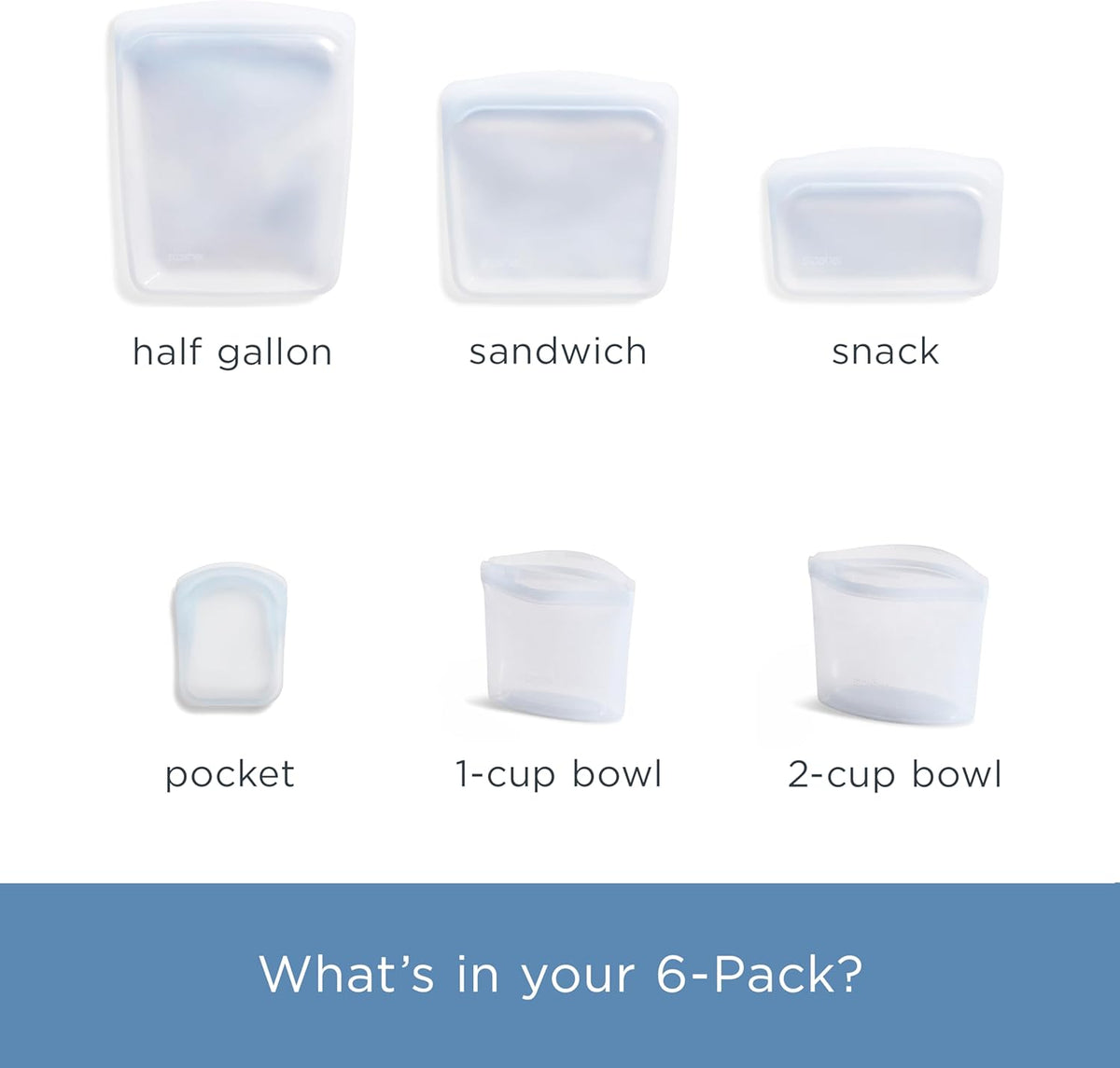 Premium Reusable Silicone Food Storage Bags, 6-Pack, Clear