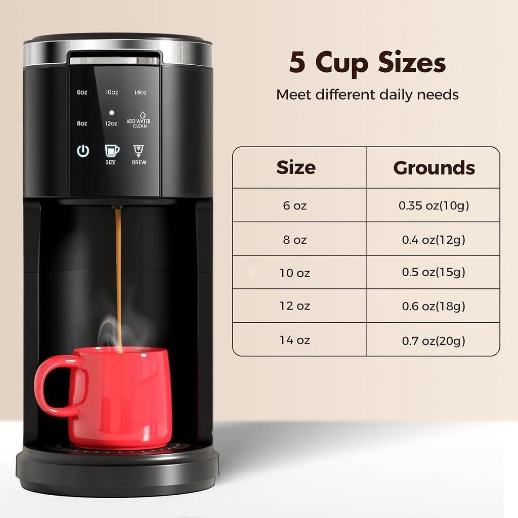 Single Serve Coffee Maker, 2-in-1 Pod & Ground Brewer, 90s Fast Brew, 5 Cup Sizes (6-14oz), 40oz Removable Tank, LCD