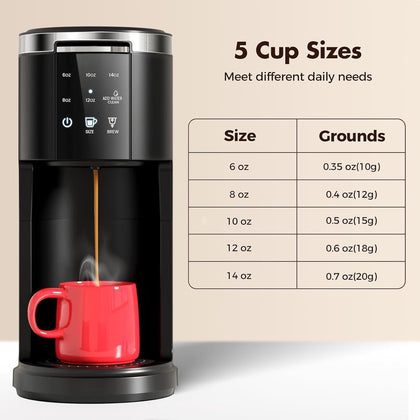 Single Serve Coffee Maker, 2-in-1 Pod & Ground Brewer, 90s Fast Brew, 5 Cup Sizes (6-14oz), 40oz Removable Tank, LCD