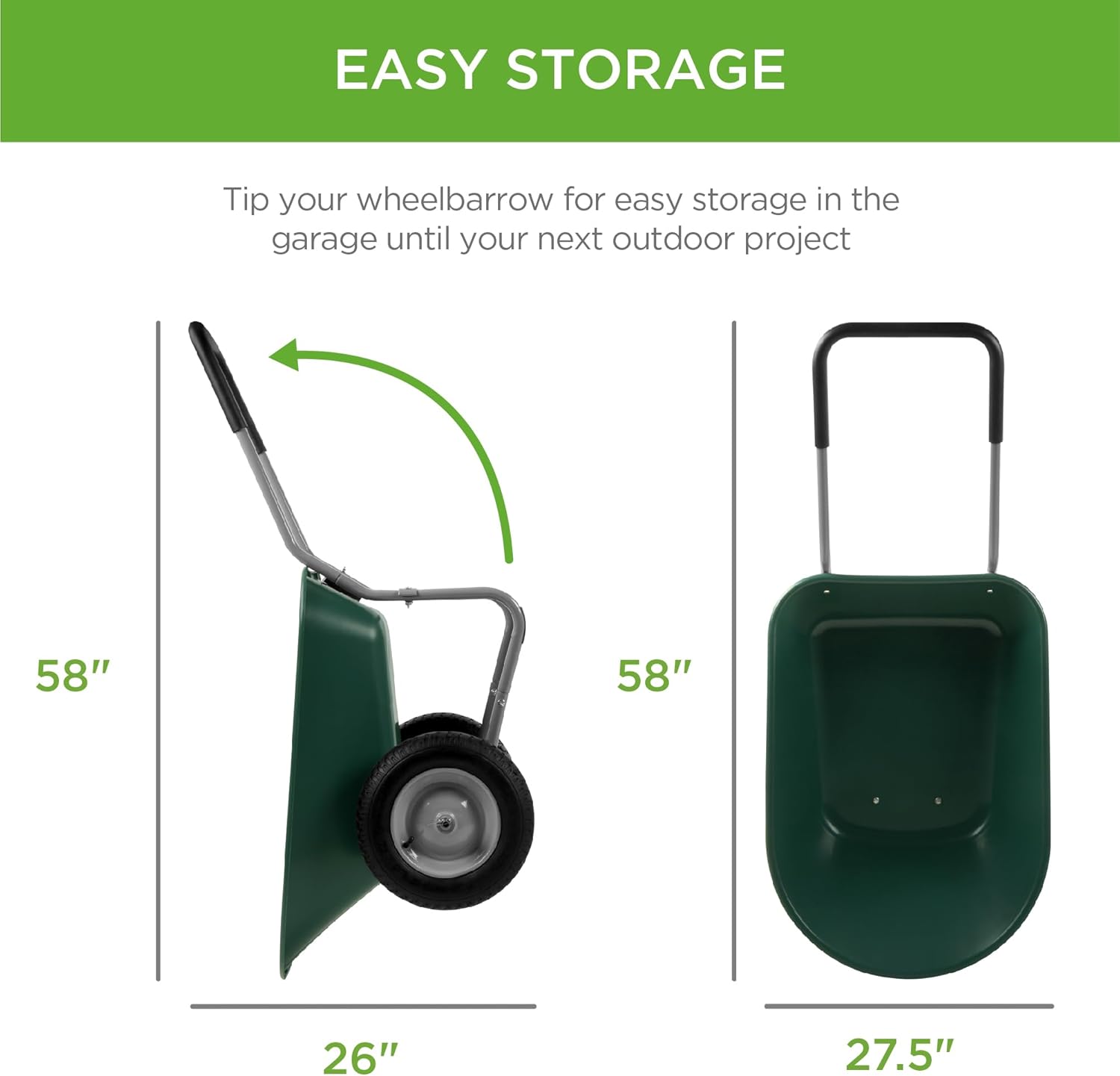 Dual-Wheel Home Utility Yard Wheelbarrow Garden Cart w/Built-in Stand for Lawn, Gardening, Construction - Green