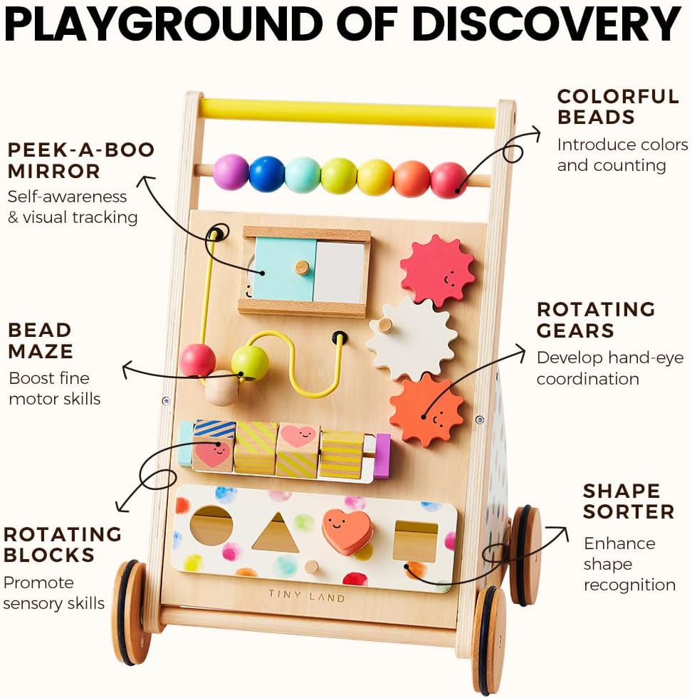 Wooden Baby Walker with Activity Center, Montessori Push Walker | Adjustable speed for beginners, From sitting play