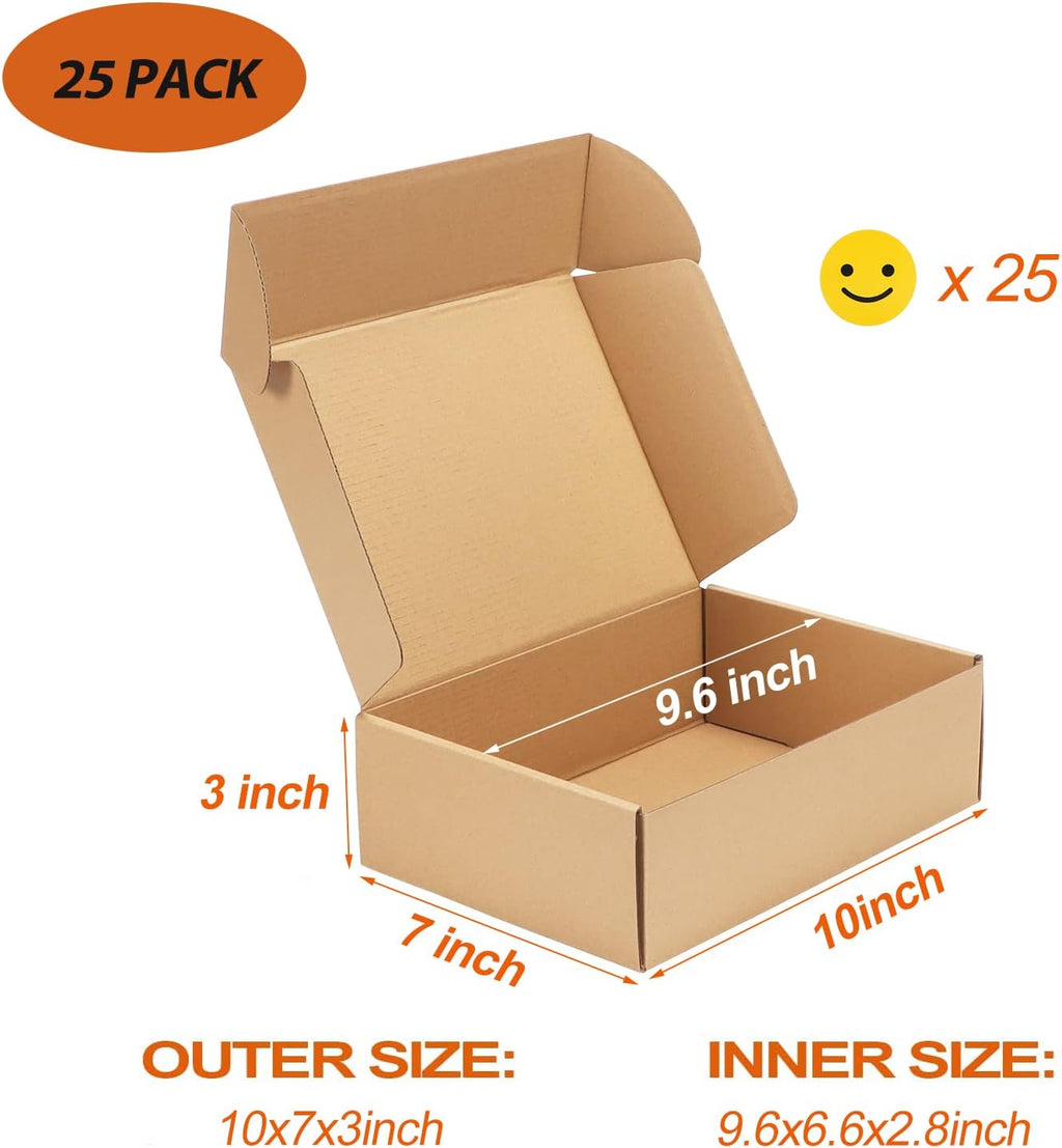 25 Pack 10x7x3 inch Cardboard Shipping Boxes, Brown Mailing Box