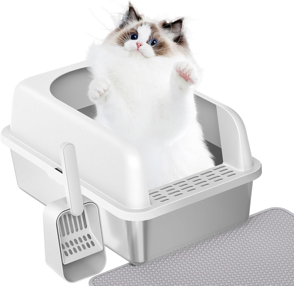 Stainless Steel Cat Litter Box with Lid High Wall Sides Enclosure, Non-Sticky, Anti-Leakage, Easy Cleaning, with Cat