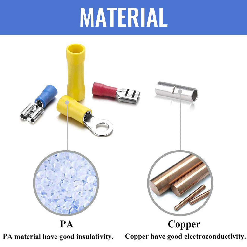 1500pcs Wire Connectors - Insulated Electrical Wire Terminals (Copper) - Ring, Butt, Spade, Fork Connector Kit - Red