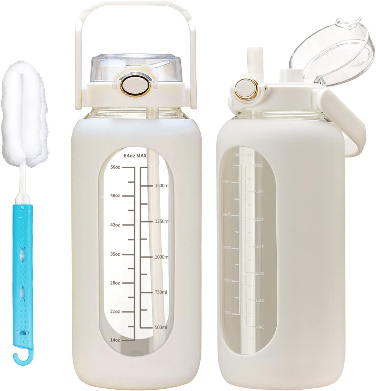 64oz Glass Water Bolttles with Straw Half Gallon Large Motivational Water Bottle with Time Marker Sports Water