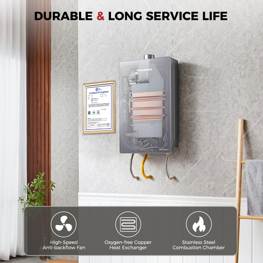 CAMPLUX Climatech 7 102000 BTU(Up to 113,000 BTU) Tankless Water Heater Propane Indoor, 4.22 GPM (Up to 5 GPM), On
