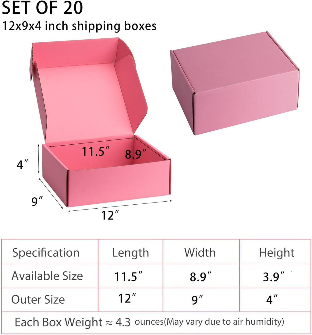 Pink Shipping Boxes 12x9x4 Inches, 20 Pack