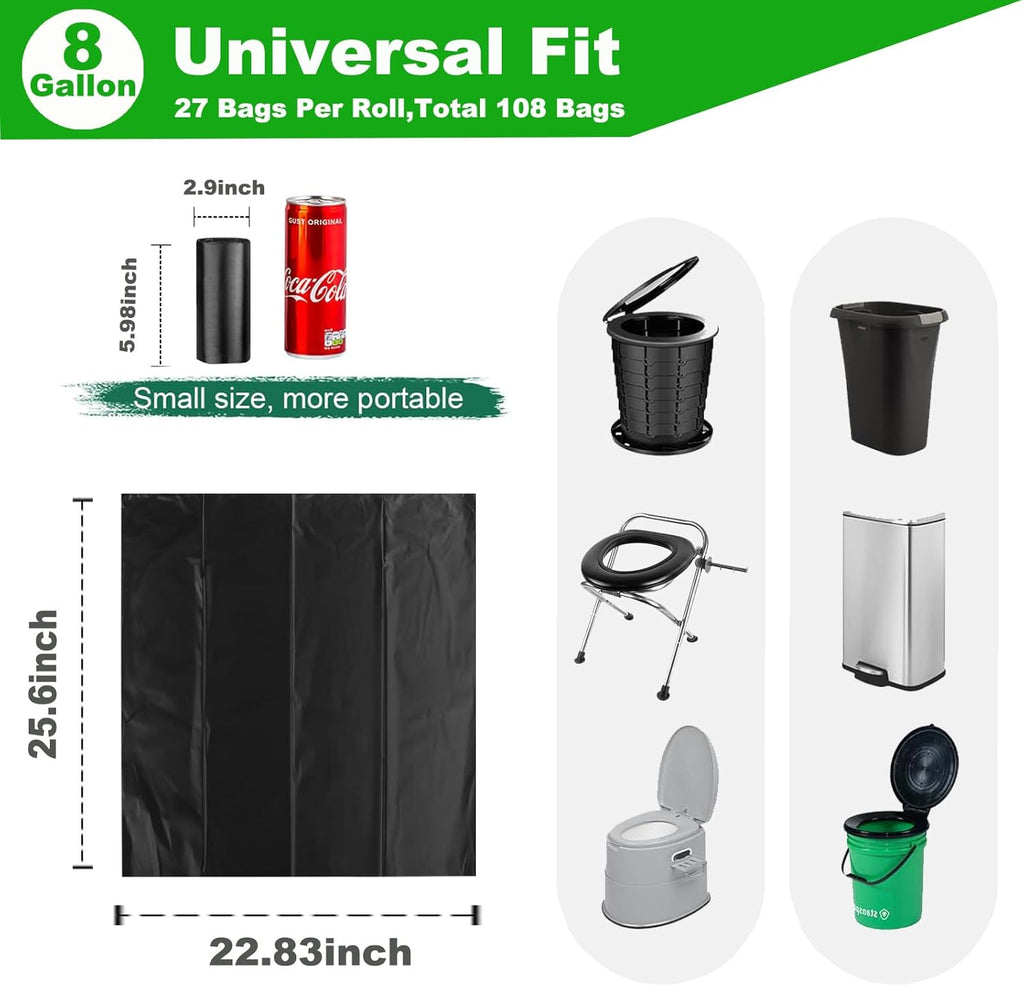 108 Portable Toilet Bags, TALTBREX 8 Gallon Biodegradable Camping Toilet Bags for Portable Potty, Thickened