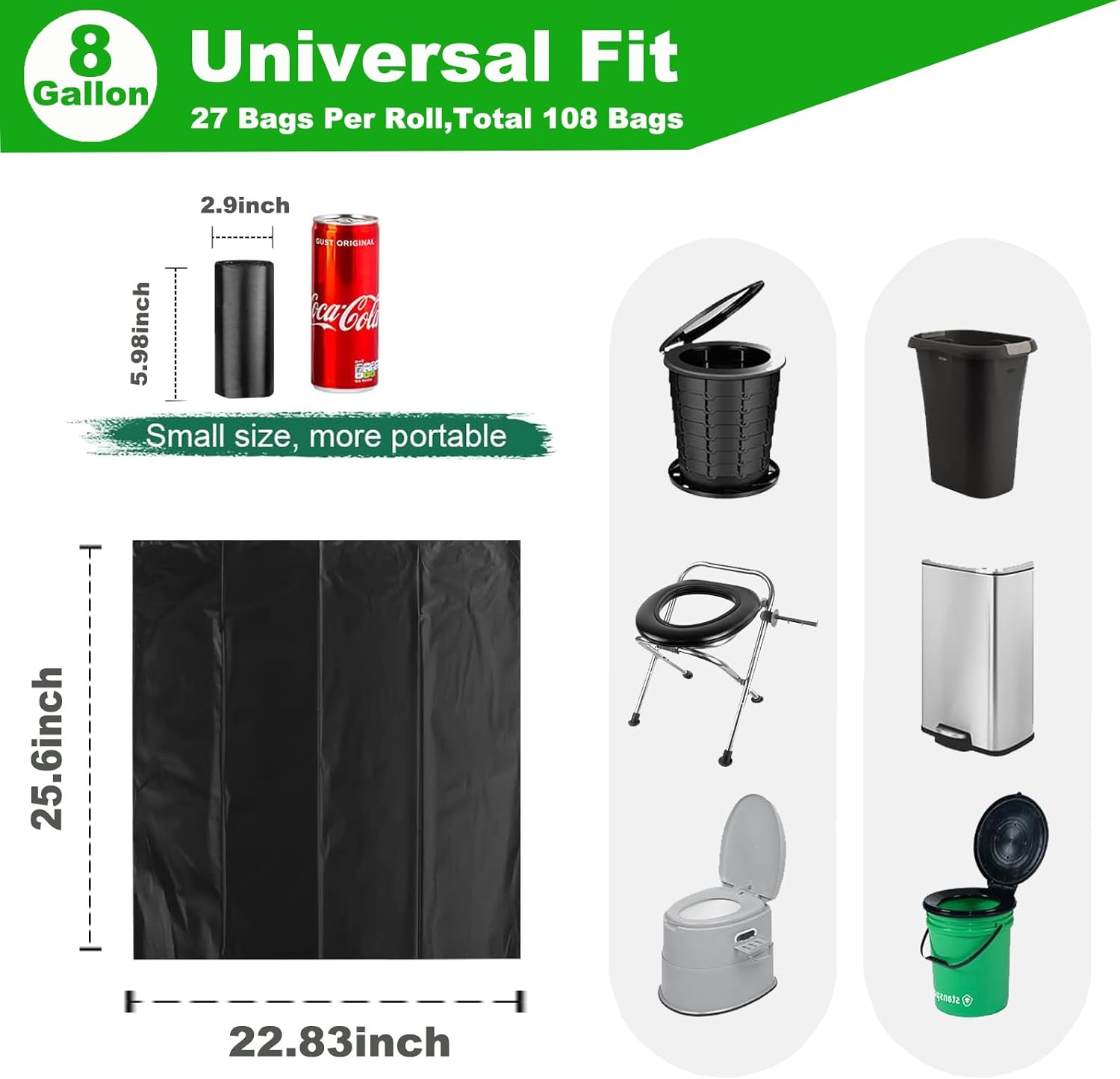 108 Portable Toilet Bags, TALTBREX 8 Gallon Biodegradable Camping Toilet Bags for Portable Potty, Thickened