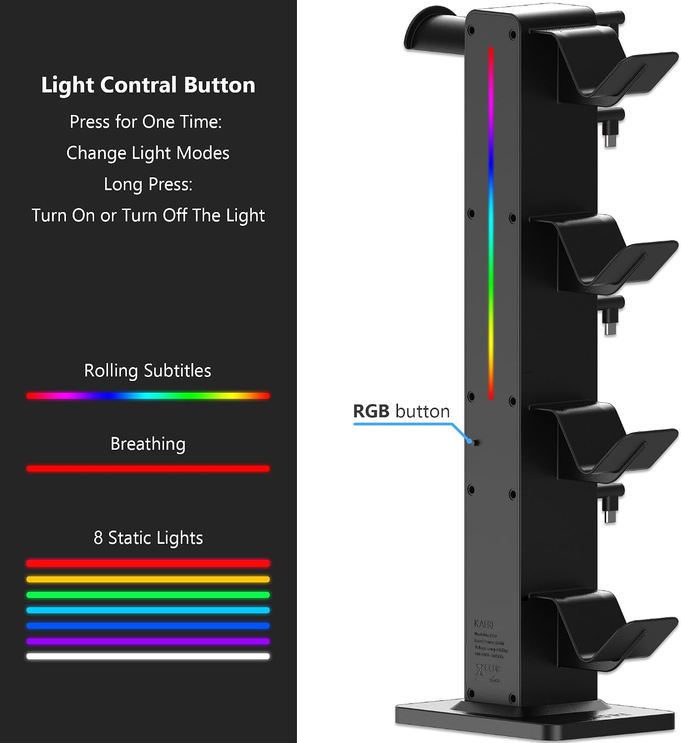 RGB Gaming Headphone Stand with Controller Holder, Desk Organizer with Retractable Charger Cable, 2 AC Outlets & 4
