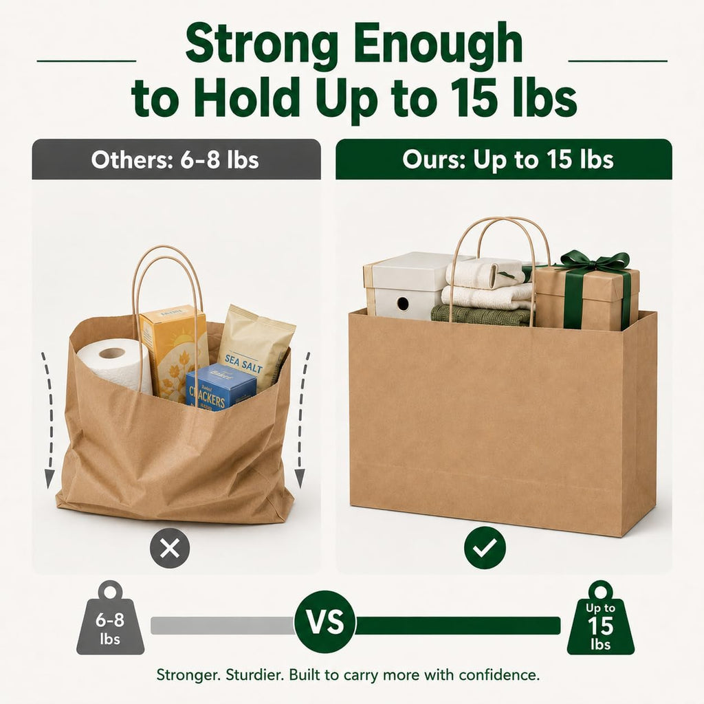 Large Brown Paper Bags with Handles Bulk 16x6x12 200 Pack