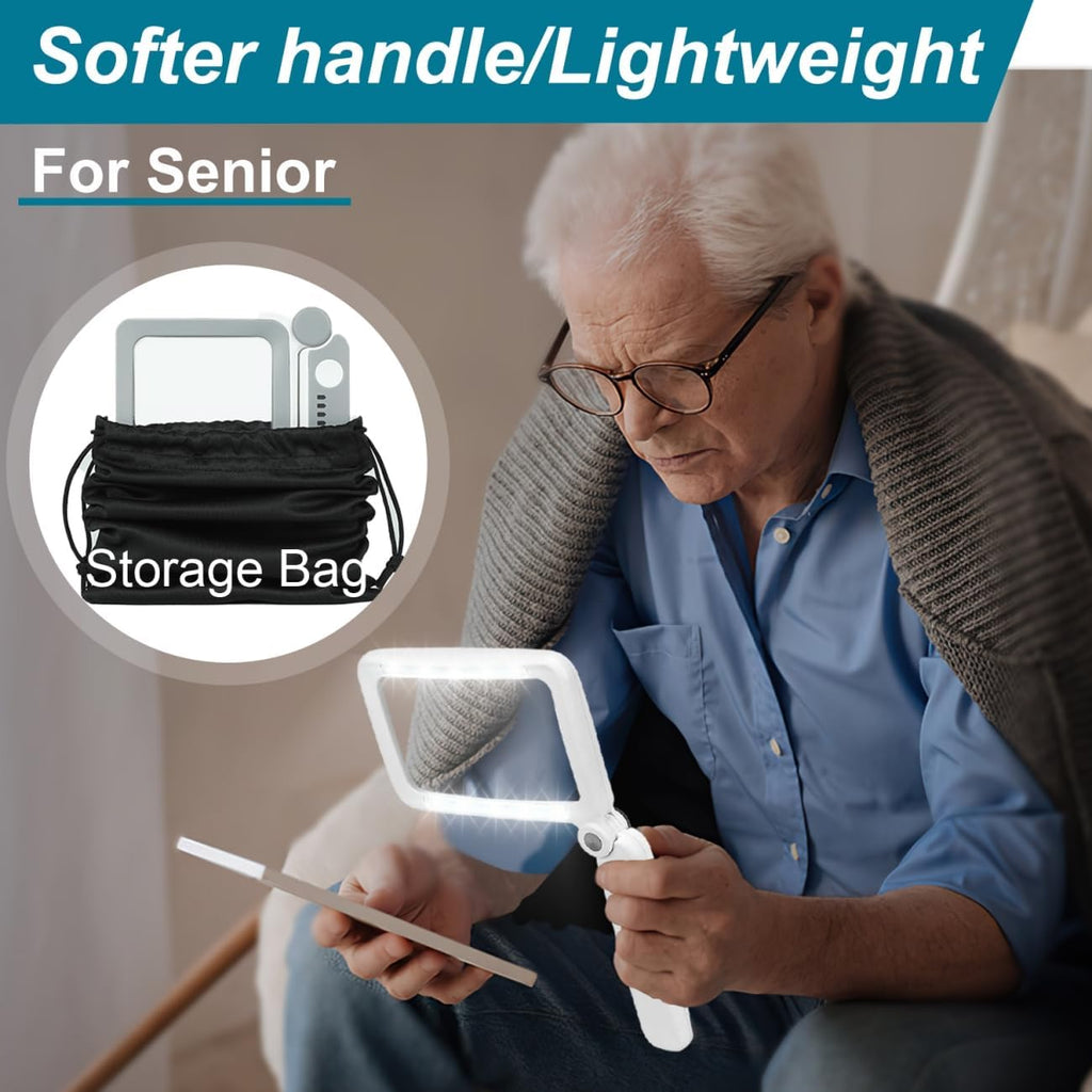 Rechargeable Magnifying Glass with Light for Reading, 6X Large Page Magnifier with LED Lighted for Seniors Low