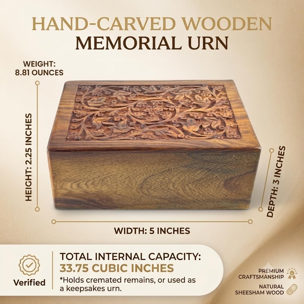 Floral Engraved Handcarved Cremation Urns For Human Ashes Adult Male Female Wooden Decorative Urn Burial Casket For