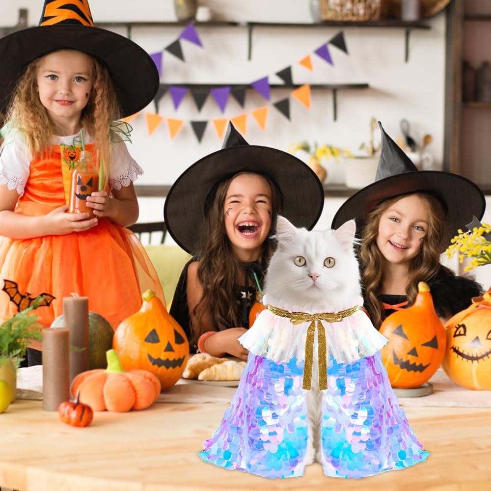 2 Packs Halloween Cat Costumes, Small Funny Sequins Halloween Cat Wizard Cape Adjustable Pet Wizard Cloak for Little