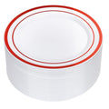 50 Pack Red Rim Plastic Plates, White Disposable Party Plates