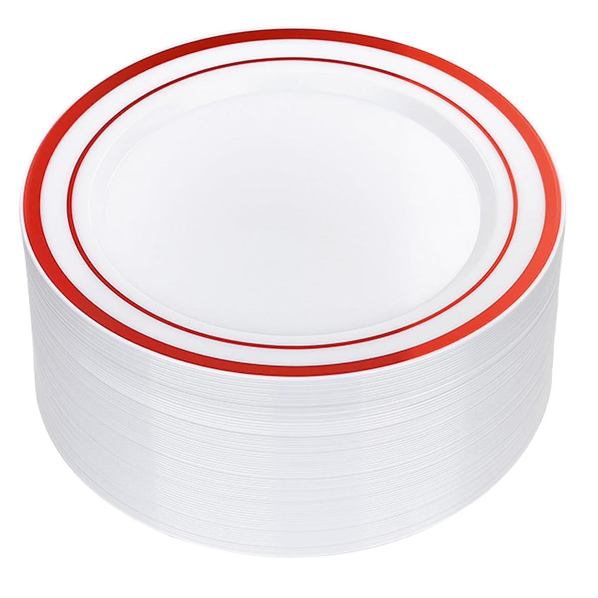 50 Pack Red Rim Plastic Plates, White Disposable Party Plates