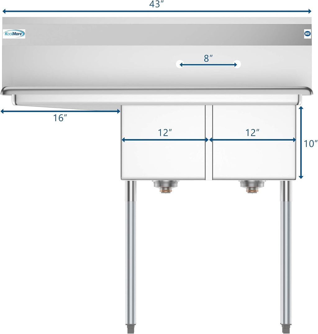 2 Compartment Stainless Steel NSF Commercial Kitchen Prep & Utility Sink with Drainboard - Bowl Size 12" x 16" x 10"