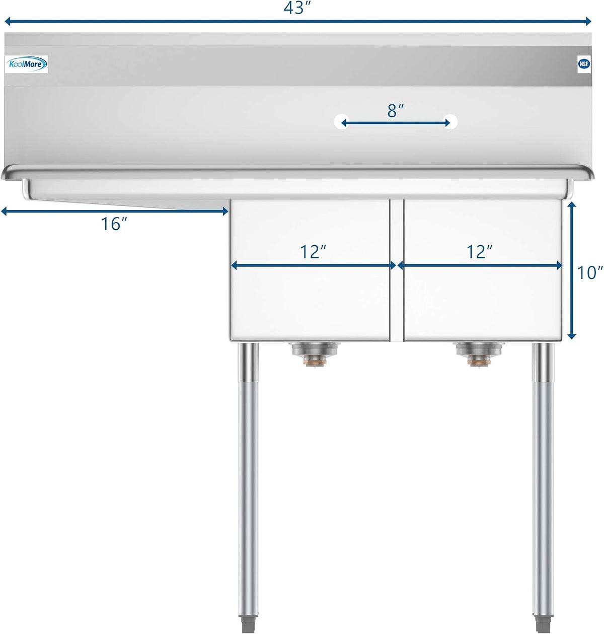2 Compartment Stainless Steel NSF Commercial Kitchen Prep & Utility Sink with Drainboard - Bowl Size 12" x 16" x 10"