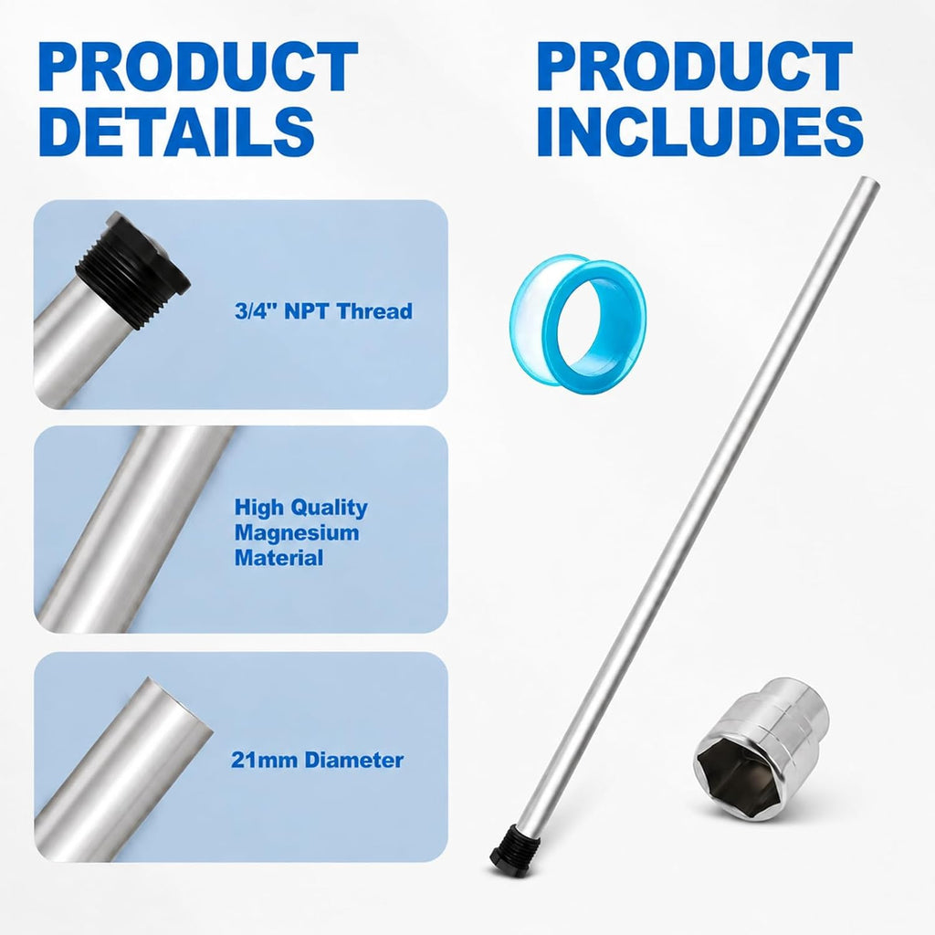29" Magnesium Anode Rod for Hot Water Heater, 3/4" NPT Thread for Rheem
