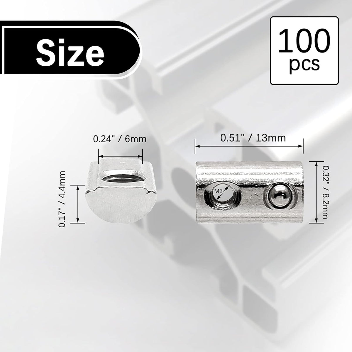 2020 Series M3 Half Round Roll in Spring T Nuts, 100 Pcs