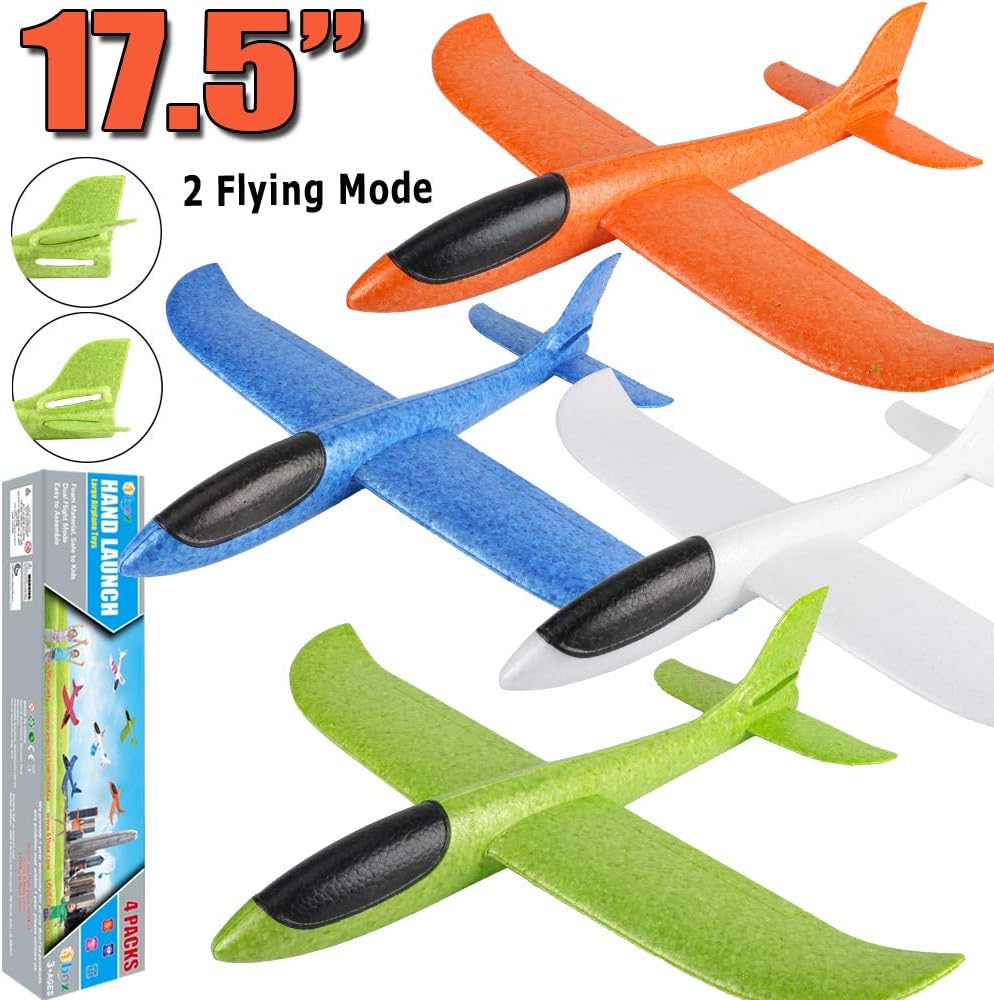 4 Pack Airplane/Flying Toys, 17.5" Large Throwing Foam Plane/Gliders, 2 Flight Mode, Birthday Gifts for Girls Kids 3
